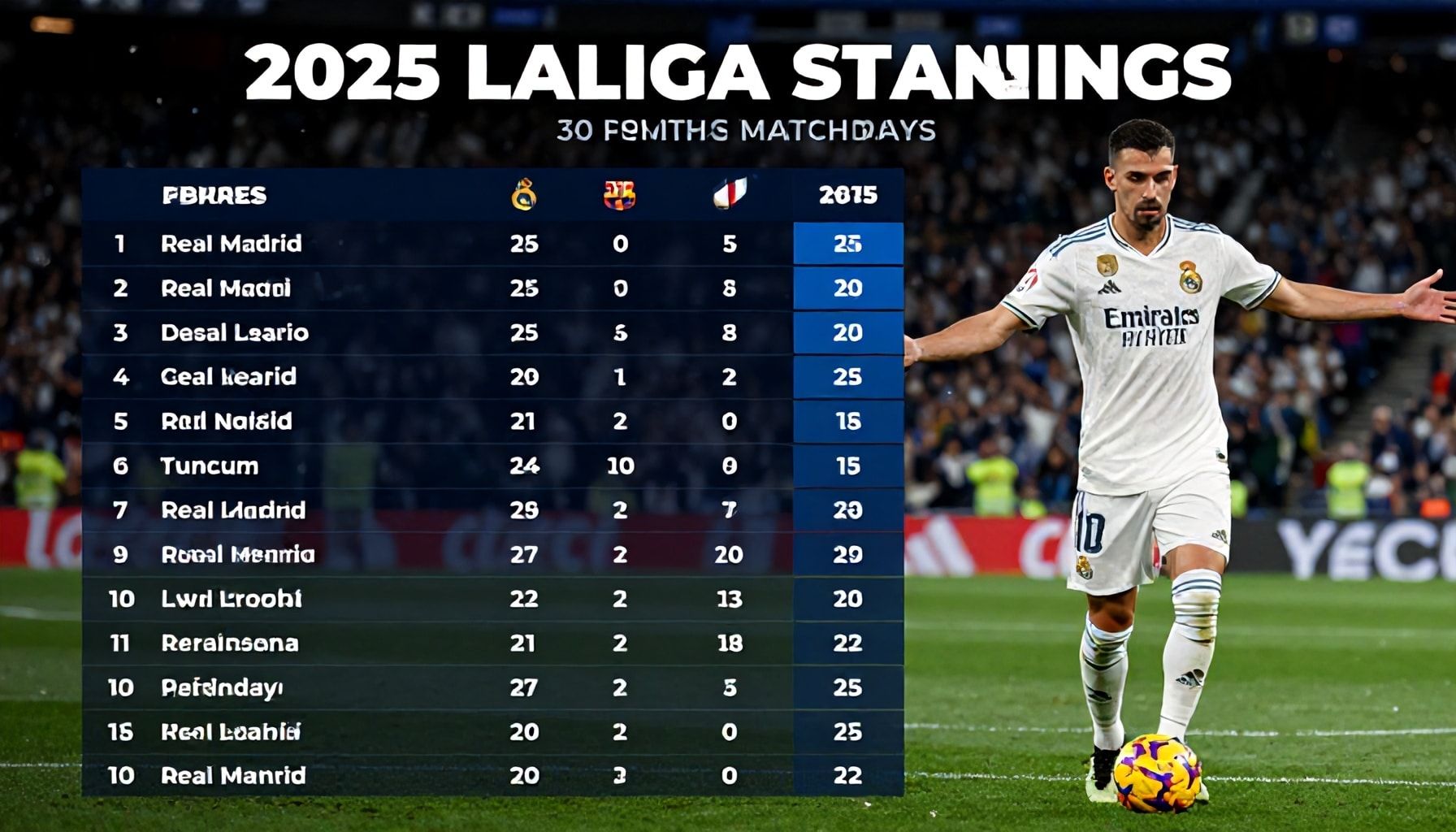 ترتيب الدوري الإسباني 2025: ريال مدريد يتصدر بفارق 5 نقاط عن برشلونة بعد 30 جولة